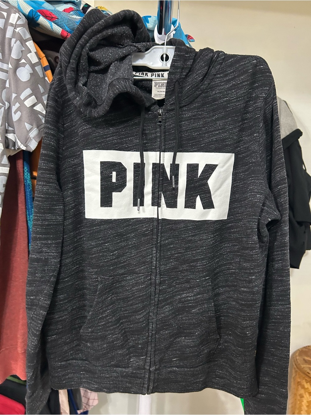 PINK Victoria's Secret Charcoal Heather Zip Hoodie with White Logo
